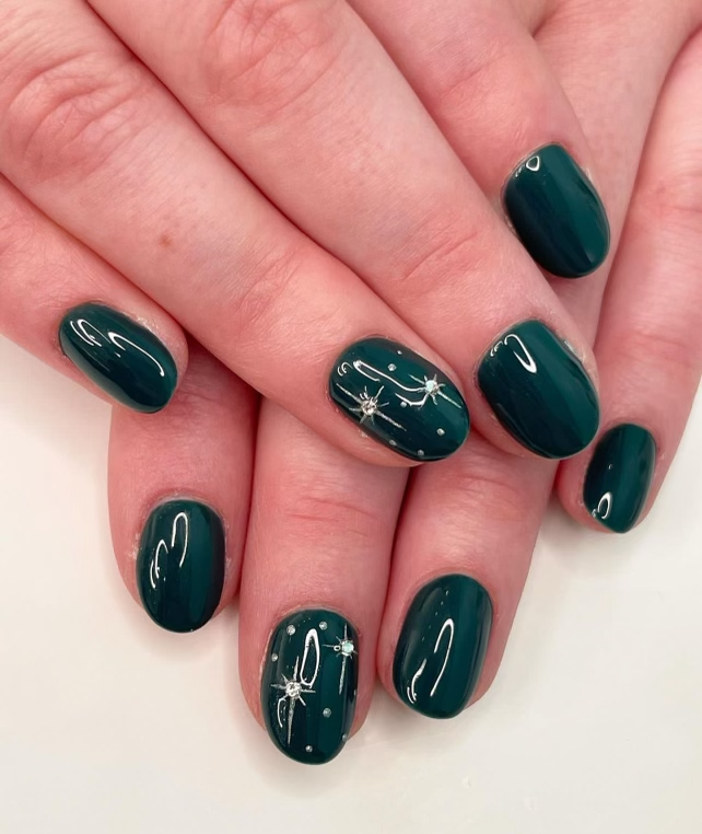 Gel Manicure Green Silver Gems Pure Nails