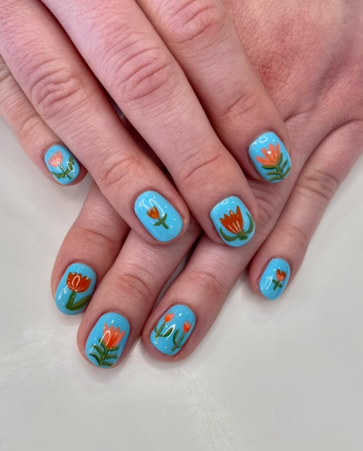 Gel Manicure Orange Flowers Pure Nails Madison WI