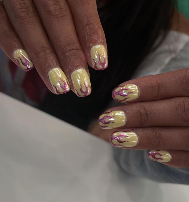 Gel X Manicure Yellow Pink Chrome Flames Pure Nails Madison WI