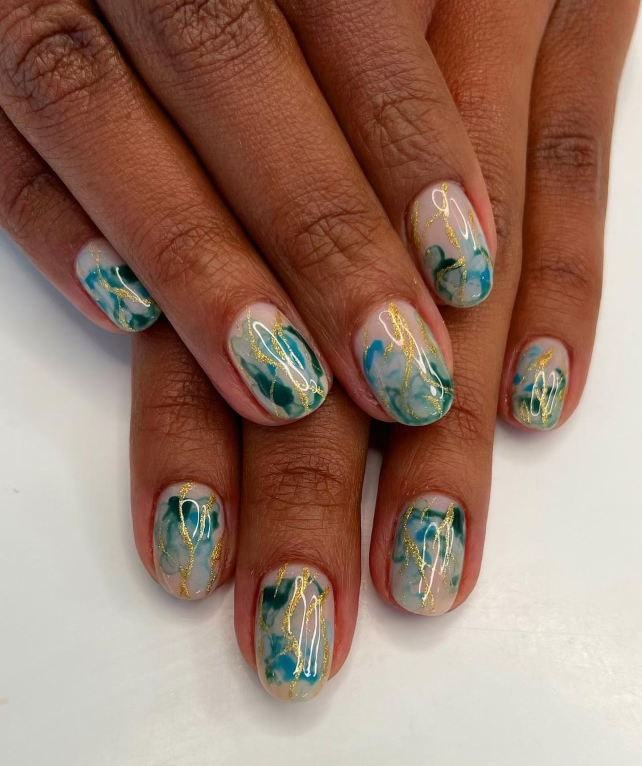 Gel Manicure Watercolor Nails Gold Accent Pure Nails Madison WI