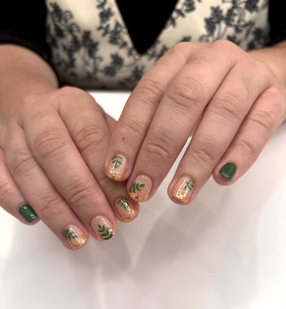 Gold Foil Green Leaves Gel Manicure Pure Nails Madison Wisconsin