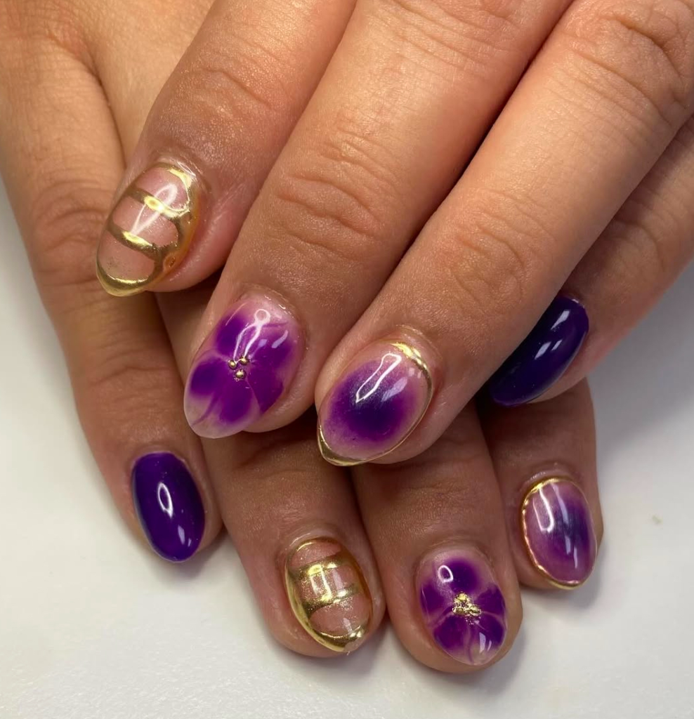 Purple Nails with Islated Gold Chrome Gel Manicure Pure Nails Madison Wisconsin